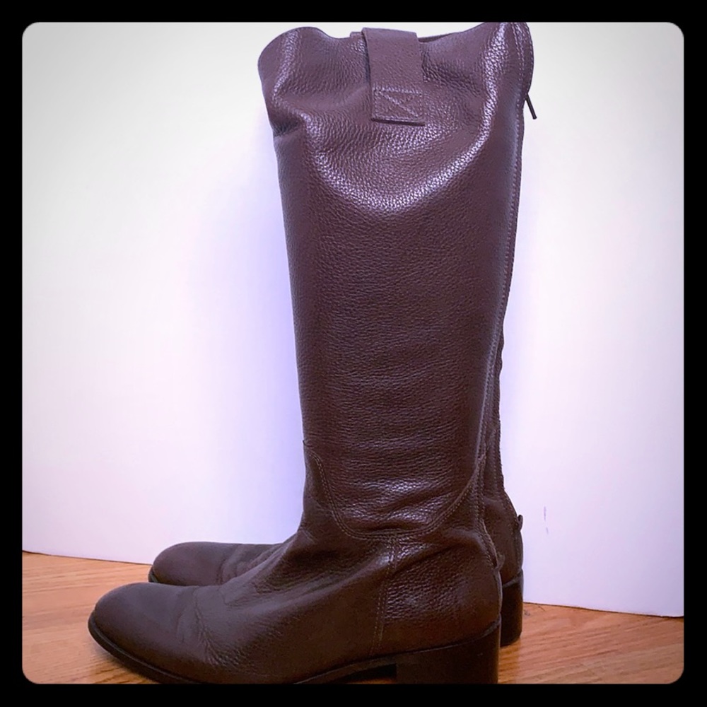 Equestrian-style tall brown leather boots with zip